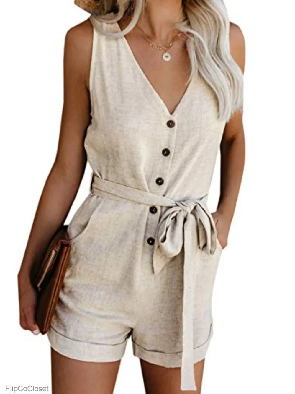 Women's Sleeveless V-Neck Button Romper with Pockets - Casual Summer Jumpsuit
